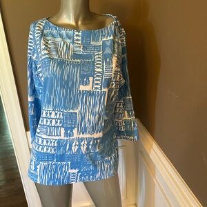 J McLaughlin Geometric Blue/White Nylon Long Sleeves Shirt Sz Large